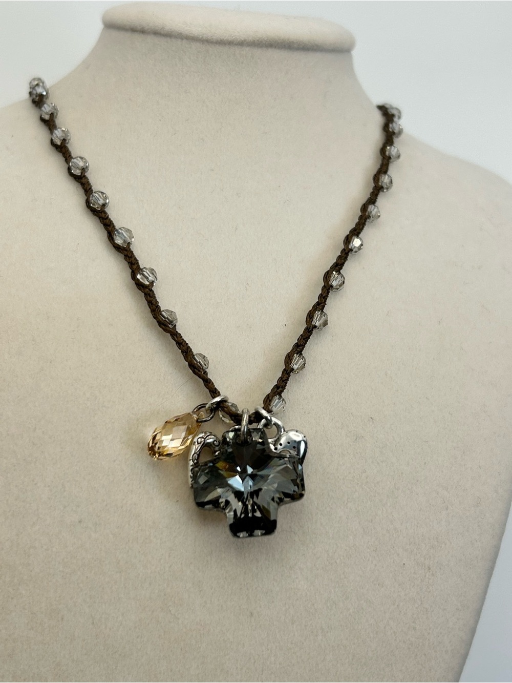 Brighton Karma Cross Necklace Brown Beaded Cord Smoky Gray Crystal Cross J45372 - Picture 4 of 14